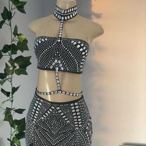 Black Rhinestone Two-Piece Set ✨ - Picture 1 of 6